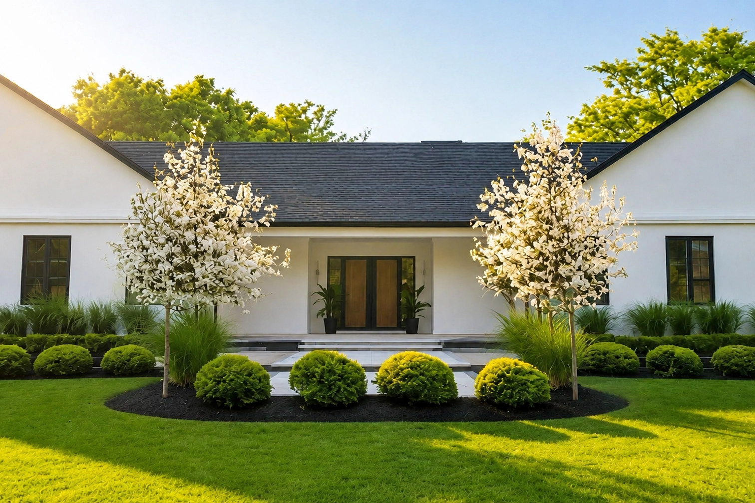 Modern white house with black roof with flowering trees in front